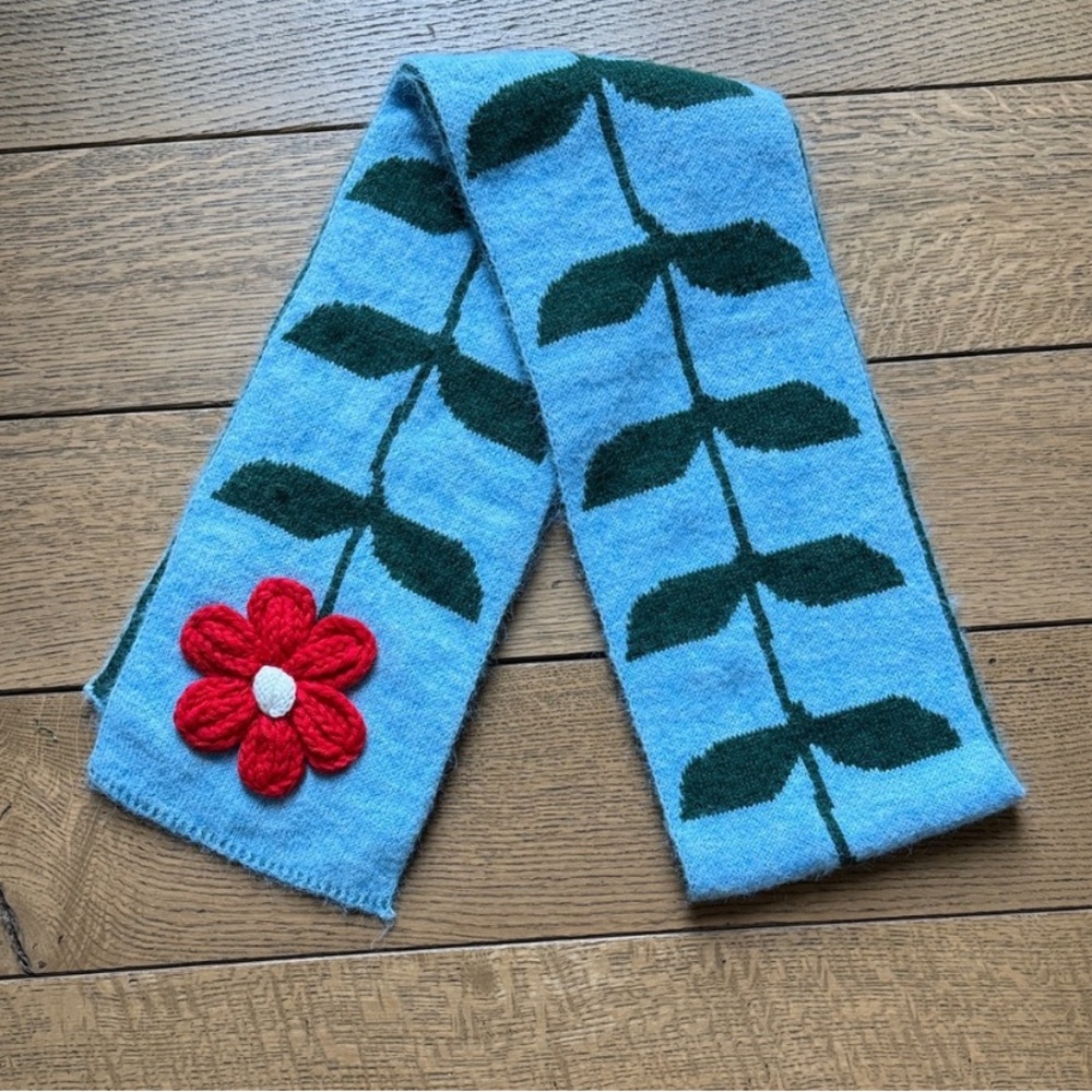 Anthropologie Maeve Blue and Green Scarf with Red Flower